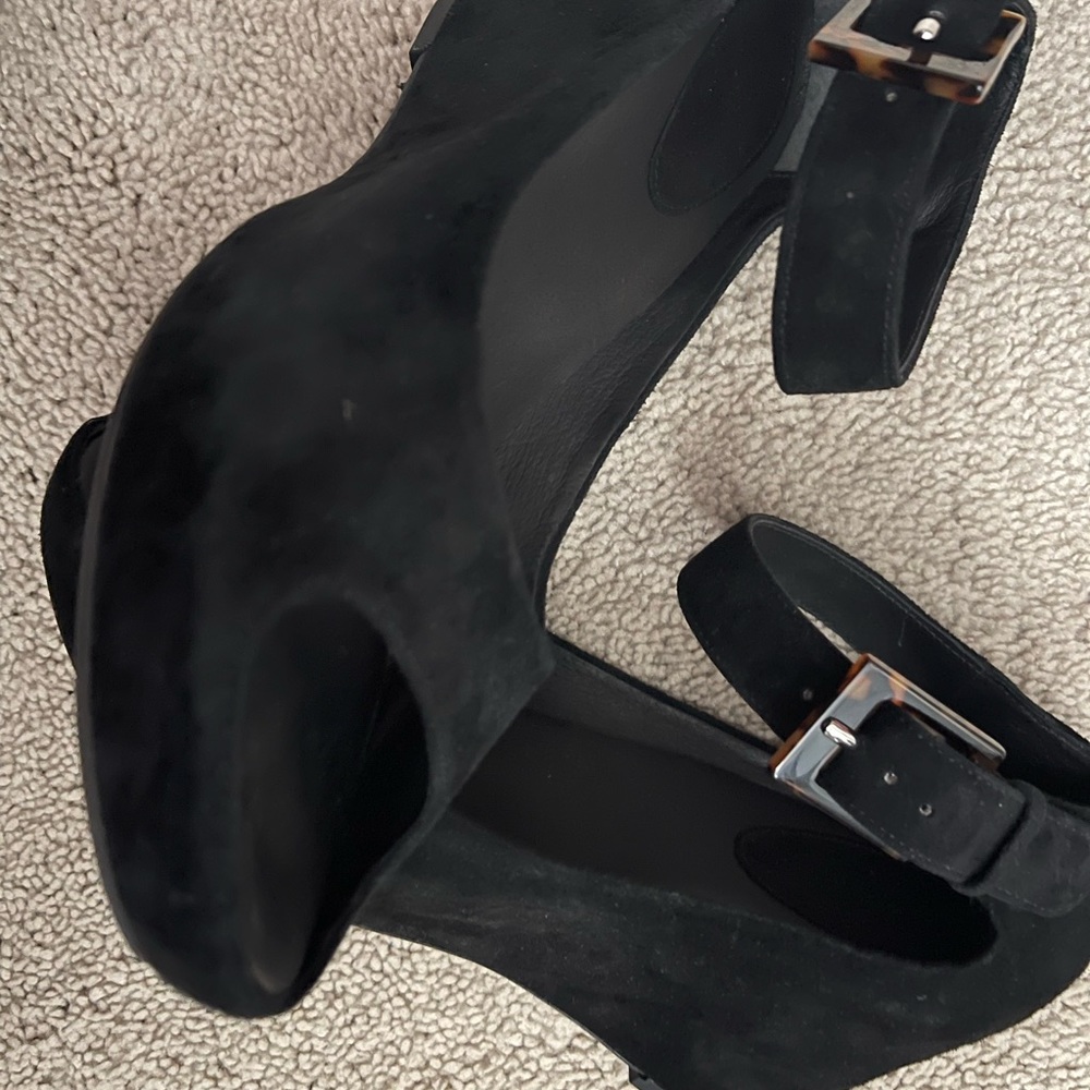New Black suede Johnston and Murphy peep toe wedge